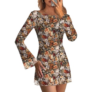 Caracilia Women’s Boat Neck Bell Long Sleeve Short Dress | Mesh Double Lined,Mini Slim Bodycon,Date Night Out Club Cocktail,Cute Floral&Solid,Graduation Party Formal Events,Spring Fall(Multi Floral)