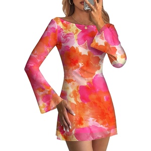 Caracilia Women’s Boat Neck Bell Long Sleeve Short Dress | Mesh Double Lined,Mini Slim Bodycon,Date Night Out Club Cocktail,Cute Floral&Solid,Graduation Party Formal Events,Spring Fall(Orange Pink Floral)