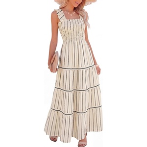Caracilia Womens Summer Maxi Dresses Floral Smocked Sleeveless Ruffle Boho Casual Flowy Aline Beach Vacation Long Sundress(Apricot Base Stripe)
