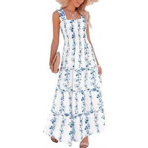 Caracilia Womens Summer Maxi Dresses Floral Smocked Sleeveless Ruffle Boho Casual Flowy Aline Beach Vacation Long Sundress(Blue Vine Print)