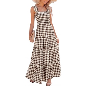 Caracilia Womens Summer Maxi Dresses Floral Smocked Sleeveless Ruffle Boho Casual Flowy Aline Beach Vacation Long Sundress(Brown White Plaid)