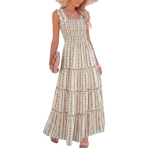 Caracilia Womens Summer Maxi Dresses Floral Smocked Sleeveless Ruffle Boho Casual Flowy Aline Beach Vacation Long Sundress(Diamond Stripe)
