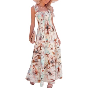 Caracilia Womens Summer Maxi Dresses Floral Smocked Sleeveless Ruffle Boho Casual Flowy Aline Beach Vacation Long Sundress(Ink Wash Floral)