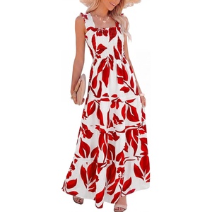 Caracilia Womens Summer Maxi Dresses Floral Smocked Sleeveless Ruffle Boho Casual Flowy Aline Beach Vacation Long Sundress(Red Leaf Flower)