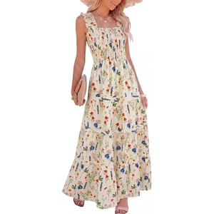 Caracilia Womens Summer Maxi Dresses Floral Smocked Sleeveless Ruffle Boho Casual Flowy Aline Beach Vacation Long Sundress(Wildflower Print)